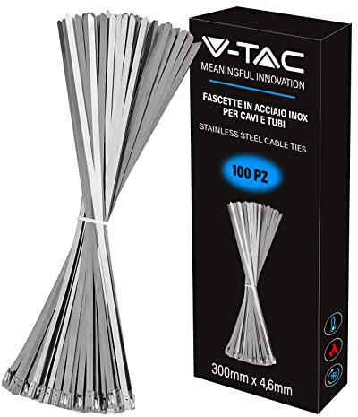 V-TAC Fascette in Acciao Inox per Cavi misura 4.6 mm x 300 mm - Confezione 100 Pezzi - per Cablaggio - Multiuso - Stringicavo Portacavi Fermacavi per Elettricista, Meccanico, Tubi in Ferro