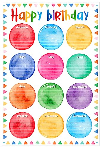 D24TIME Birthday Chart for Classroom - 16.5''x11.2'' Watercolor Happy Birthday Posters Calendars Class Bulletin Board Decorations Posters for Back to School Teacher Supplies