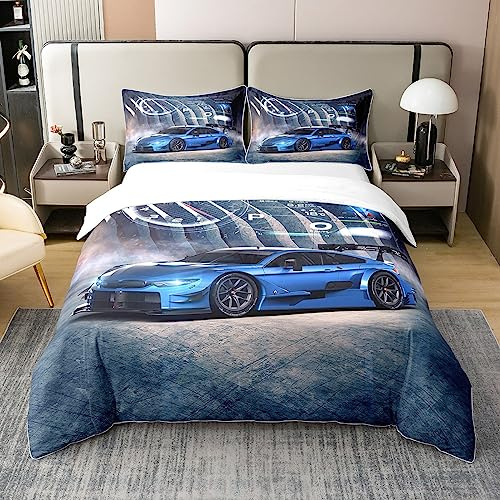 Kinder Rennwagen 100% Baumwolle Bettbezug Set 135x200,Sport Auto Tröster Abdeckung Extreme Sport Thema Bettwäsche Set,Modernes Heim Zimmer Dekorative Bettwäsche Set mit 1 Kissenbezug,