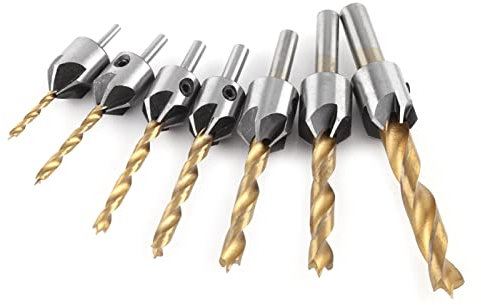 ViaGasaFamido Smusso per la Lavorazione del Legno, 1 Pezzo Set di Punte per Trapano Svasatore per la Lavorazione del Legno in Acciaio Chiave a Brugola Utensile (Set 7 Pezzi + Chiave Piccola
