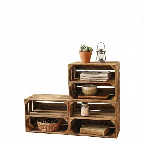 teramico Lot de 3 caisses en Bois flammé - Caisses à vin - Caisses à Fruits avec Planche Centrale/Planche intermédiaire - Étagère à Chaussures (Lot de 3/40cm, avec étagère Longue)