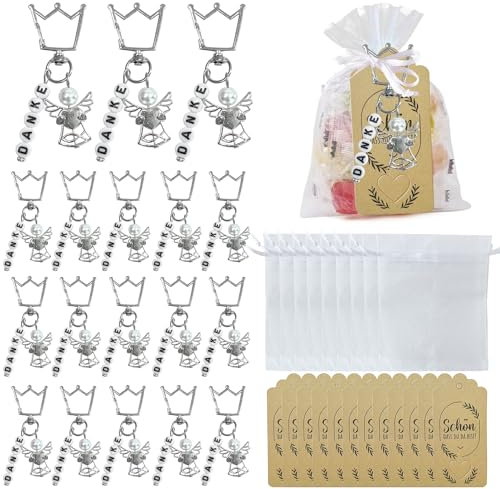 Schutzengel Anhänger, 30 Stück Danke Schlüsselanhänger mit OrganzaBeutel Geschenkanhänger, Kleine Engel Anhänger für Gastgeschenke Taufe, Giveaways Konfirmation, Hochzeit, Dankeschön