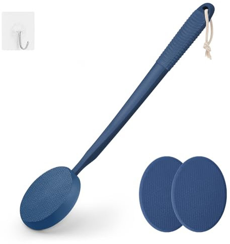 Lotion Applicator for Back, Feet & Legs with Long Plastic Handle, Back Moisturizer Cream, Self Tanning, Sunscreen, Ointment, Medicine Applicator for Elderly, Men or Women with 3 Washable Pads (Blue)