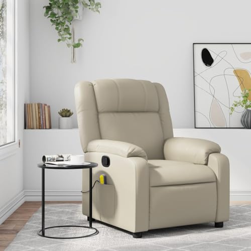 Homgoday Massagefåtölj, TV-fåtölj, relaxfåtölj, vilstol, solstol, TV-fåtölj, klädselfåtölj med manuell liggfunktion, justerbart ryggstöd, för vardagsrum, gräddvit, konstläder