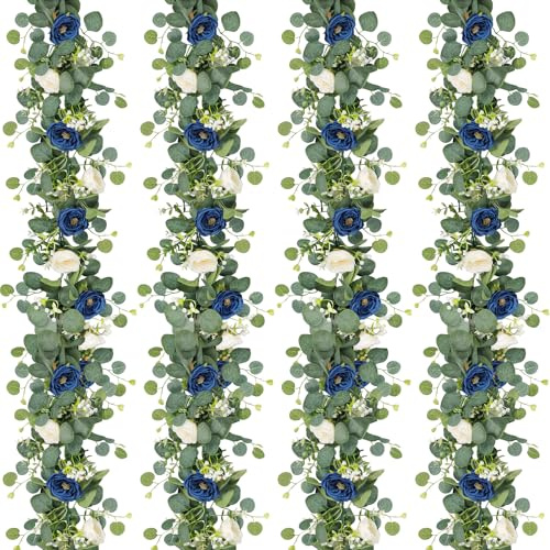 UXORSN Guirnalda de flores artificiales de eucalipto de 24 pies con rosas azules y blancas, plantas falsas, guirnalda floral de seda, hiedra sintética de Gypsophila para decoración de bodas, hogar,