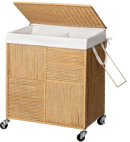 WOWLIVE Double Laundry Hamper with Lid, Handwoven Rolling Laundry Basket with Wheels, 115L Dirty Clothes Hamper with Removable Liner Bag Large Capacity Laundry Sorter Laundry Room Organization,Natural