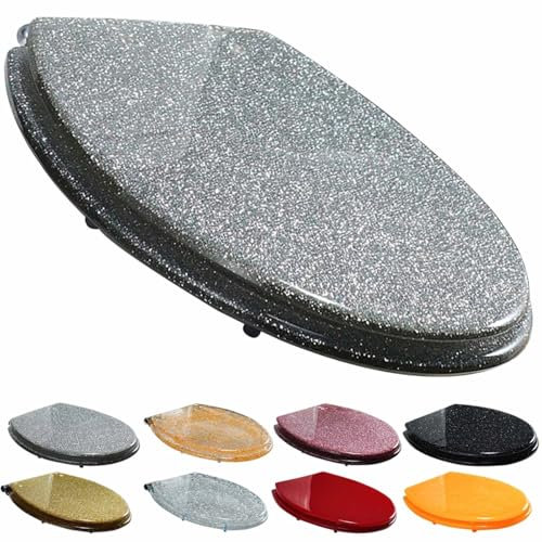 Toilet Seat, Heavy Duty Glitter Toilet Seat Soft Close with Quick Release, Top/Bottom Fixing Easy Installation(Silver)