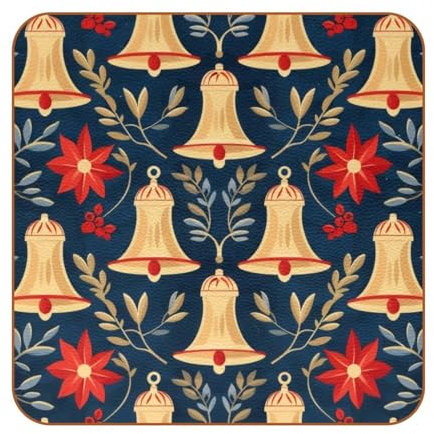 6-Pack Square Coasters for Drinks, Christmas Retro Bell Holiday Mug Cup Mats Pad Coffee Wine Wooden Glass Tabletop Protection for Housewarming Bar Decor