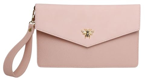 Alice Wheeler Bee Envelope Clutch Evening Bag – Faux Leather & Suede – Detachable Wrist Strap – Gold Bee Fitting – Magnetic Closure – Elegant Party Bag – 24 x 16 x 1 cm
