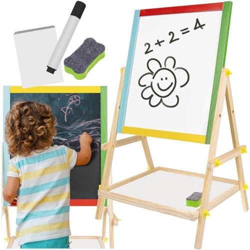 KRUZZEL Tableau pour Enfants avec Craie et Aimant à Partir de 3 ans avec Bois - Tableau noir et Blanc - avec Compartiment de Rangement Pratique pour Accessoires - Jouet Déucatif 23546
