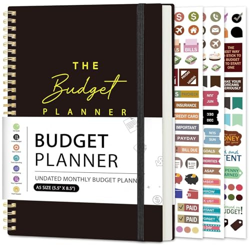 Budget Planner - Monthly Budget Book with Expense & Bill Tracker - Undated 12 Month Financial Planner & Account Book Organizer to Take Control of Your Money - Black
