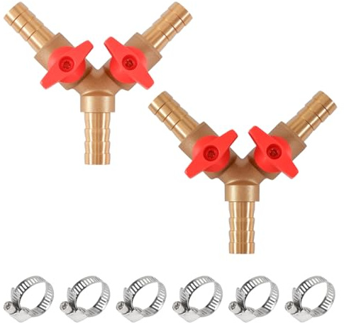 ASOFTY 2 Stück 3 Wege Schlauchverbinder, Y-Schlauchverbinder mit 6 Schlauchschelle, 3 Weg Messing Schlauch Kugelhahn, Messing Abzweigventil Verbinder für Schlauch, Wasser (10MM)