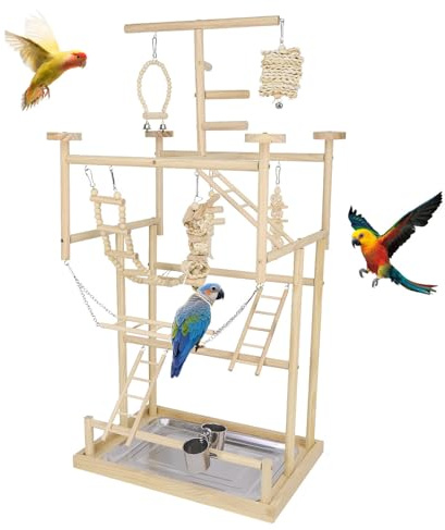 TOOSOAR Vogelspielplatz aus Holz,mit Edelstahl-Feeder-Cup,Bunte Kunststoffkette für Haustiere,für Papageien und andere Vögel,95 * 48 * 33.5cm