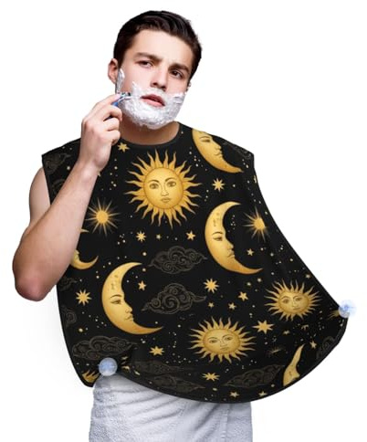 PPIKTC Strong Suction Cup Beard Grooming Bib, Non-Stick Hair Catcher, Waterproof, for Shaving, Black Gold Sun Moon Stars Art