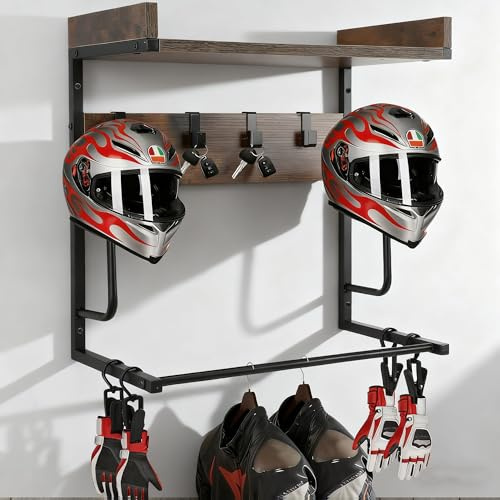 Motorbike Helmet Holder Wall Mount, Heavy Duty Motorcycle Helmet Stand | 4 Glove Clips, 4 Hooks, Wall Organiser for Motorcycle Football, Rugby, Sports Gear Storage