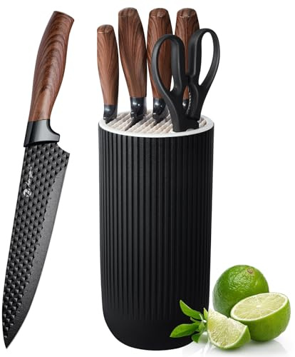 micocali Knife Set, Kitchen Knife Set,5 Piece Sharp Stainless Steel Kitchen Knives with Block.Non-Stick Black Marble Coating.