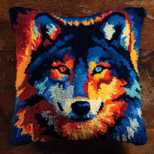 Henypt Knüpfkissen-Set, Tier Wolf knüpfkissen knüpfset, Kreuzstich Knüpfkissen, DIY Kissen Knüpfset Mit Anleitung, Stickerei Knüpf-Sets, Kissenbezug 43x43cm
