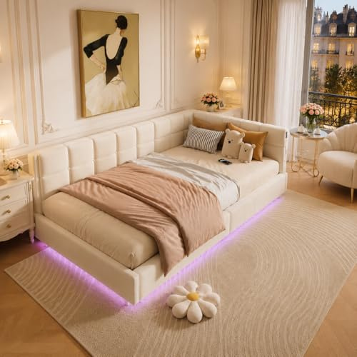 Polsterbett Einzelbett 90x200cm,Hydraulisches Bett mit Stauraum Polsterbett 90x200 LED und USB-Stecker Jugendbett 90x200cm mit RGB-Lichtleiste unter dem Bett,Hydraulische Schlafsofa Samt(Creme,90x200)