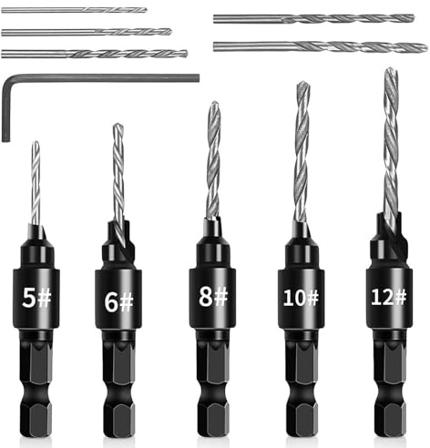 5 Pack 82° Countersink Drill Bits 1/4 Hex Shank Quick Change Woodworking | High-grade steel, sharp & durable; adjustable depth, replaceable tips, hex wrench included, clean burr-free finishes
