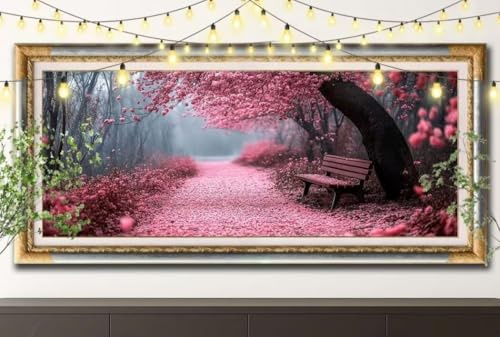 Flores de cerezo 5D Kit de Diamond Painting,DIY Pintura de Diamante Adultos,Banco Arte de Diamantes para Pintar por Números,Dibujos con Mosaicos de Cristal para Decoración de Pared 30x90cm 61F-7173
