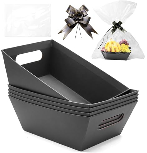 WYYFXY® 5 Stück Präsentkorb Leer Geschenkkorb Papp mit Cellophantüten und Zugschleifen, Korb Geschenk Umweltfreundlich Karton Korb für Geschenke, Feiertage, Geburtstage (Schwarz)