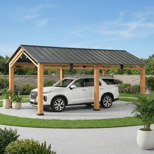 SUNJOY 6 x 3,36 m Garten-Carport aus Zedernholz, mit pulverbeschichtetem Stahldach, Autoschutzdach, Outdoor-Schwerlastgarage, 6 Pfosten (11cm), UV- und Wetterschutz, geeignet für Hof, Veranstaltungen