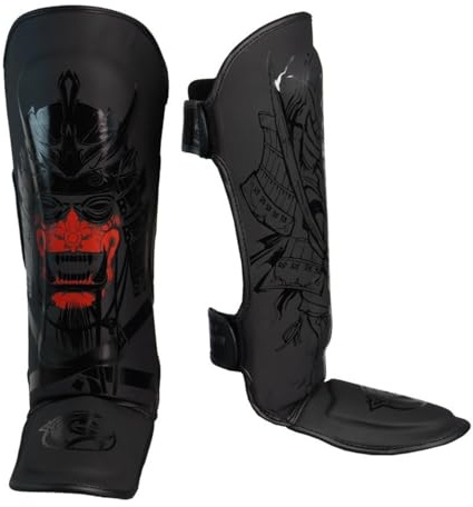 Dragondo 40724-P Yakuza Schienbeinschoner – Profi Schienbein- und Spannschutz für Muay Thai, Kickboxen & MMA – Stoßfester Samuray-Design Beinschutz, Schwarz