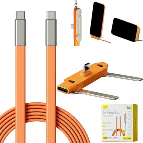 Invisible Phone Stand Charging Cable,240W Type C Multi Charger Cord with 360° Adjustable Stand,Detachable 2-in-1 Stand Adapter,5ft Silicone Fast Charging Cord for Gaming,Office,Car (Orange Set)