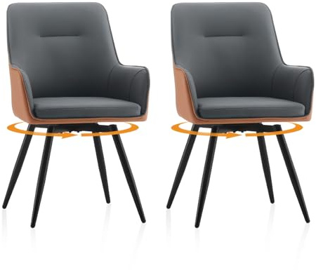 Drehbar Esszimmerstühle 2er Set, 360° Kunstleder Polsterstuhl mit Armlehne | Gepolsterte Drehstuhl Küchenstuhl mit Metallgestell und Rückenlehne für Esszimmer, Wohnzimmer, Büro ,Grau-Braun