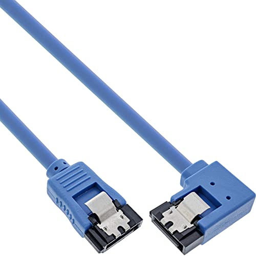InLine 27703R SATA 6Gb/s Anschlusskabel rund, abgewinkelt rechts, blau, mit Lasche, 0,3m