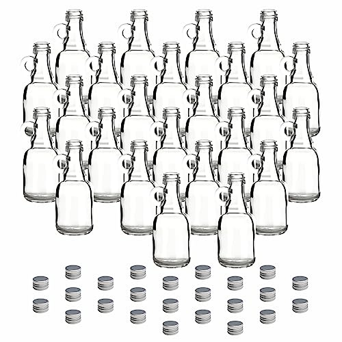 gouveo Lot de 24 bouteilles en verre de 40 ml avec anse et bouchon à vis Argenté – Mini bouteille à anse 0,04 l à remplir – Bouteilles en verre pour liqueur, liqueur, huile ou bricolage