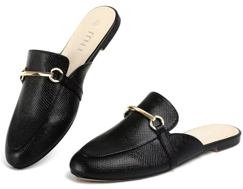 MUSSHOE Gold Buckle Mules for Women - Comfortable Memory Foam Loafers, Classy Slip On Flats for Office Business Casual, Dressy Pointed Toe Shoes