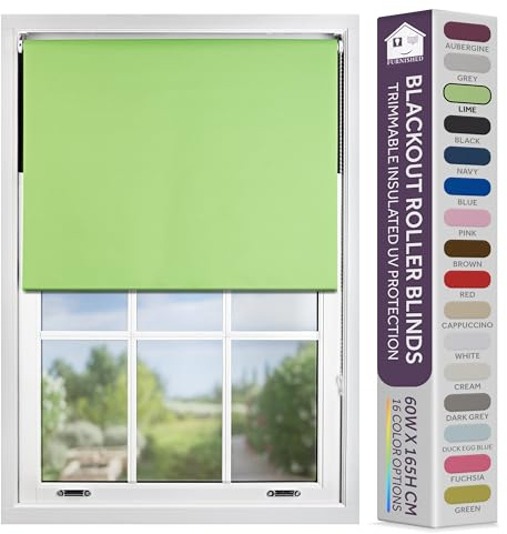 FURNISHED Blackout Roller Blind with Metal Fittings Trimmable Insulated Thermal Fabric Heavy-duty Easy Install Brackets Window Roller Blinds - Lime Green, 130W x 210H cm