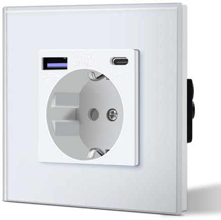 BSEED Steckdose aus Glas mit 20W USB C, Schnellladegerät Wandsteckdose, 3 in 1 Unterputz Steckdosen, Einfache Installation, 240V 16A, 86mm 1 Fach Weiß