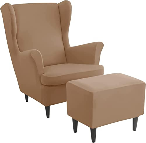 Ohrensessel überzug mit Hocker Bezug, 2 Teilig Sessel-Überwürfe+1 Teilig Ottomane Schonbezug, Beige/Grün/Rosa/Blau Ohrensessel Schonbezüge Sesselhusse Stretch Tiger Stuhlbezug mit Armlehne ( Color : #
