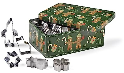 patisse 13722 – Metalldose grün bedruckt Gingerman mit 25 verschiedenen Ausstechformen oder Ausstechformen aus Edelstahl für Weihnachten – Tannenbaum, Elf, Engel, Stern, Gingerman, Zuckerstange ..