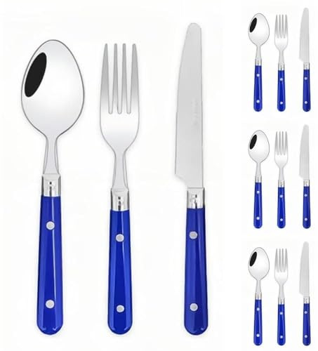 Royal Shang Youpin Dos Clavos Mango De Plástico Cocina Cubiertos De Acero Inoxidable Vajilla Juego De Cubiertos Cuchillo Para Carne Tenedor Cuchara Cucharita (Azul,12 piezas)
