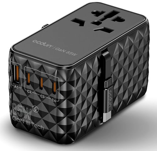 ocdun 85W GaN III Universal Travel Adapter, Black, 85W | 5-Port Charger, 3 USB-C PD 70W, 1 USB-A 60W, Retractable 80cm Cable, Worldwide Power Adapter for US, EU, UK, Ireland, AUS
