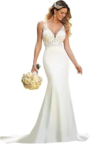 TSxuelian - Vestidos de novia de satén para mujer, estilo sirena, sin mangas, estilo bohemio, largos, con encaje, 52