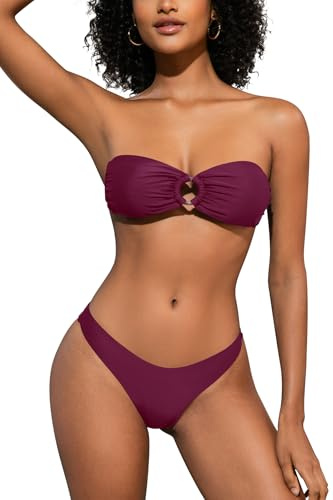 SHEKINI Women's Two Piece Swimsuit O Ring Strapless Bandeau Bikini Sets for Women with Sexy High Cut Cheeky Bottoms Beach Brazilian Swimwear, Purple, M