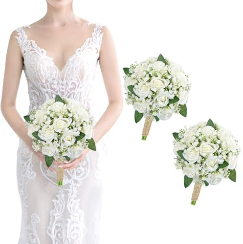 SEMONONIA Bridesmaid Bouquet White Wedding Flowers Bouquets Set of 2 - Artificial Rose and Baby's Breath Rustic Small Floral Bouquet for Bridesmaid Fake Sage Green Boho 7 inch Wedding Decor