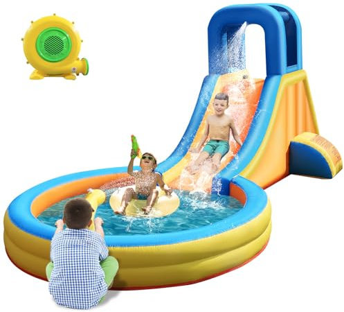 Inflatable Water Slide for Kids – 5-in-1 Blow Up Bounce House with Long Slide, Climbing Wall, Splash Pool, Water Cannon, Spray Water Spout – Backyard Toddler Water Park with 370W Blower & Storage Bag