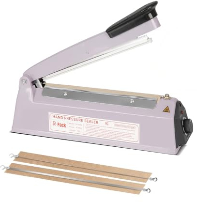 R-PACK Impulse Heat Sealer with Hot Cutting Wire, Manual Seal and Cut Shrink Wrap Machine for Soap, Bath Bomb, Bakery and Gift Packaging, 8-Level Timer, 2 Extra Replacements, (8 Inch,Purple)