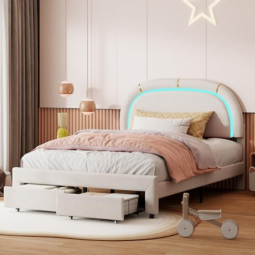 BPKADHY Polsterbett 140x200cm mit LED-Kopfteil, Doppelbett mit 2 Stauraum Schubladen und Lattenrost, Höhenverstellbares Kopfteil, Kinderbett Mädchenbett Jugendbett Bettgestell, Samt, Beige