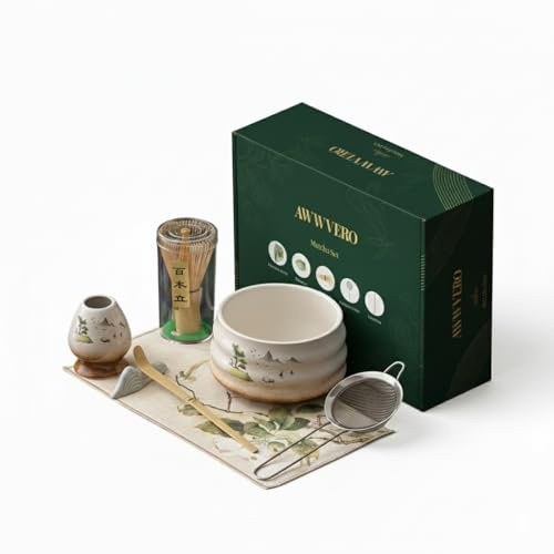 AWWVERO Matcha Set, Complete Matcha Kit with Bamboo Whisk, Ceramic Bowl, Spoon and Stand, Japanese Tea Ceremony Set for Cafe‑Style Matcha, Gift Ready (7, Distant Mountain)
