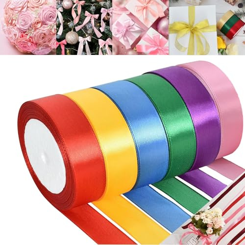 Cinta de raso de 22 m x 40 mm de ancho, 6 cintas de colores,cinta de satén para manualidades, decoración de boda, Navidad, lazos para el pelo, ramos, cumpleaños y envoltorio de regalo