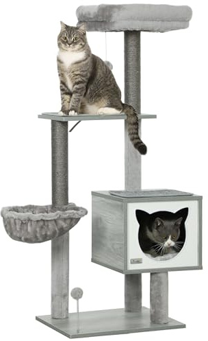 PawHut Árbol Rascador para Gatos 126 cm con Plataformas Hamaca Cueva Gris