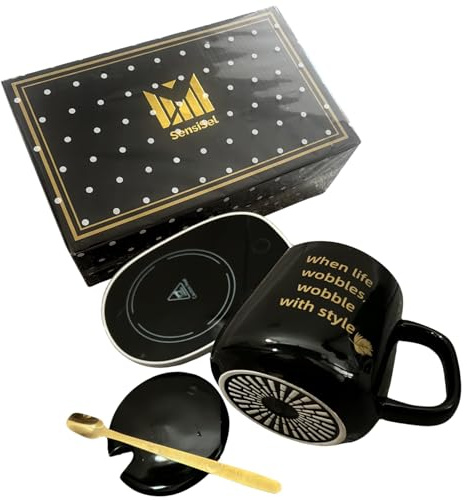 Black Ceramic Quote Mug with USB Warming Plate – Includes Lid & Spoon, Desk-Friendly USB Heat Plate to Gently Maintain Warmth, Not a Reheating Device - Gift Pack