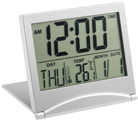 Foldable Digital LCD Travel Alarm Clock, Digital Alarm Clock for Bedside | Travel Timer with Day Date Temperature Display, 12/24H Snooze, Battery Operated, Foldable Desk Device for Home Office