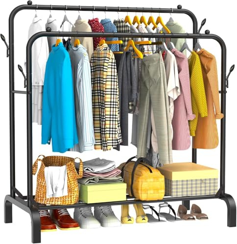 YasTant Heavy Duty Clothes Rail for Bedroom, 110 × 55 × 145cm Sturdy Hanging Clothes Rack for Garments, Double Metal Clothing Rail with Storage Shelf, Max 95 kg (Black)